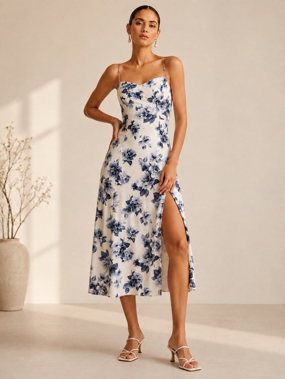 Abercrombie & Fitch Blue Floral Slit Midi Dress S Romantic Coastal Cottagecore
